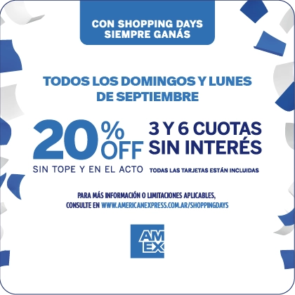 Todos los domingos y lunes de Julio. 20% Off 3 y 6 cuotas sin interés